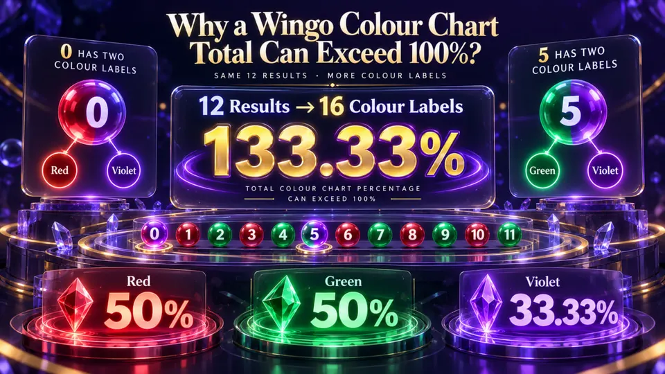 विंगो कलर चार्ट की उदाहरण गणना, जिसमें 12 राउंड से लाल 50%, हरा 50% और बैंगनी 33.33% रंग-उपस्थिति दिखाई गई है।