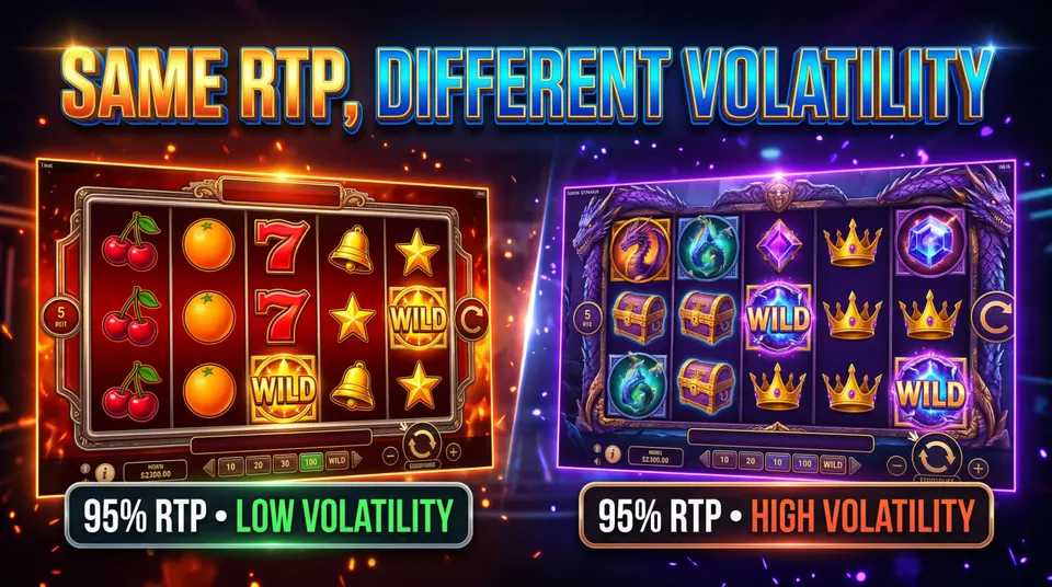 Two realistic slot game interfaces with identical 95% RTP but different volatility, featuring classic fruit reels and fantasy-themed slot symbols.