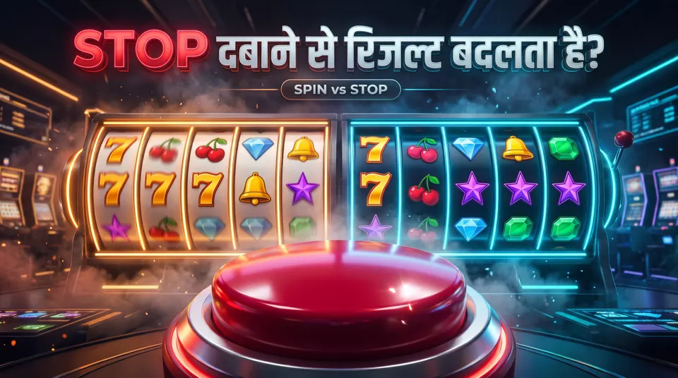 स्लॉट गेम का लाल STOP बटन और घूमती हुई रीलें, जो दिखाती हैं कि STOP दबाने से रील एनीमेशन और अंतिम रिजल्ट में क्या अंतर होता है।
