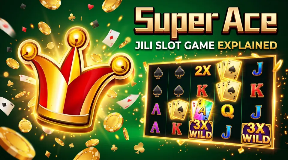 Super Ace by JILI original game artwork featuring its iconic golden Joker crown, emerald-green background and playing-card slot symbols.