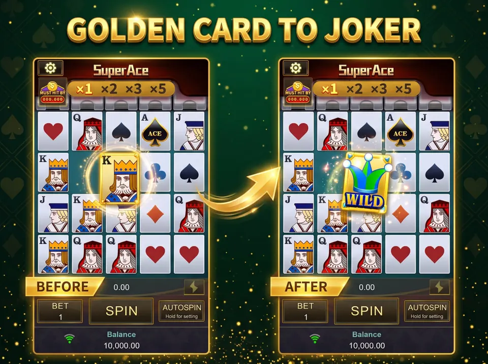 Super Ace Golden Card feature showing a Golden King card transforming into a Joker Wild on the original JILI game reels.