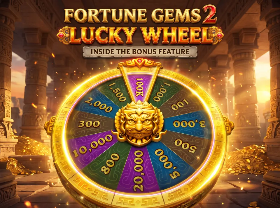 Fortune Gems 2 Lucky Wheel feature with a golden guardian mask at the centre and colourful prize segments around the circular wheel.