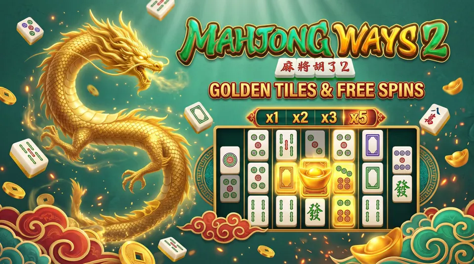Mahjong Ways 2 by PG Soft featuring a golden Chinese dragon, traditional Mahjong tiles, Gold-Plated symbols and the five-reel game screen.