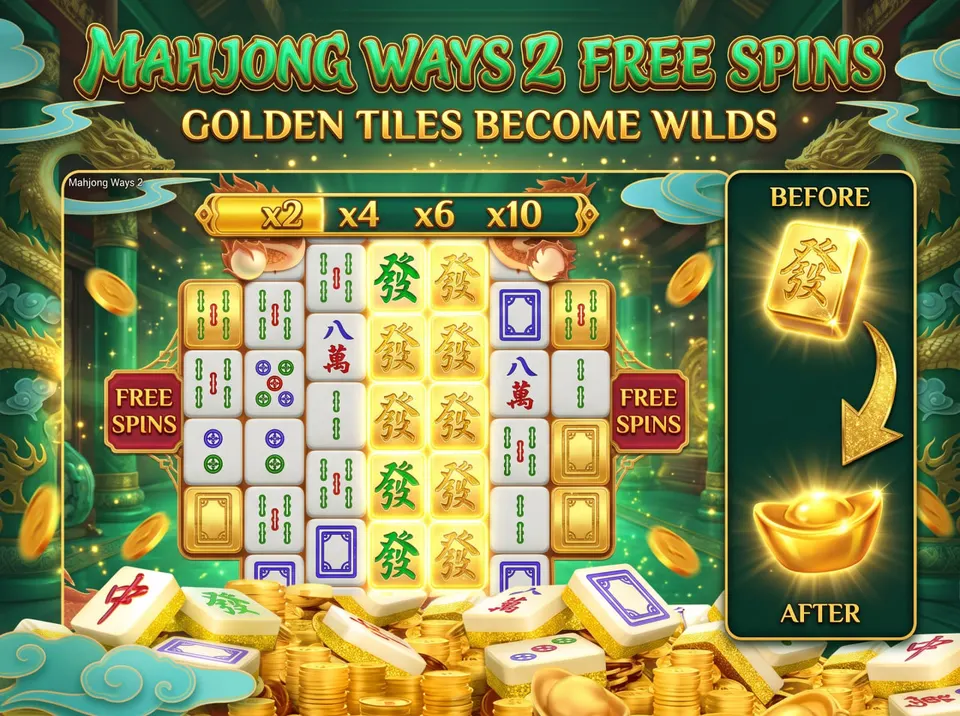 Mahjong Ways 2 gameplay illustration showing five Mahjong tile reels in a 4-5-5-5-4 arrangement, 2,000 winning ways and the normal-game multiplier display.