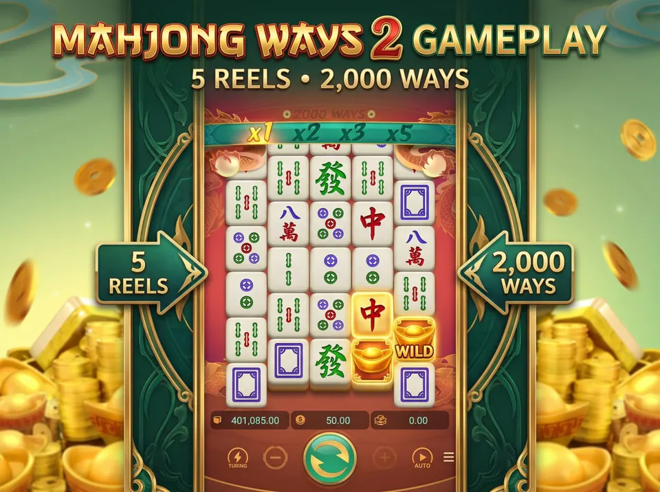 Mahjong Ways 2 Free Spins feature showing Gold-Plated Mahjong symbols on the third reel, a Golden Tile transforming into a Wild and multipliers from 2x to 10x.