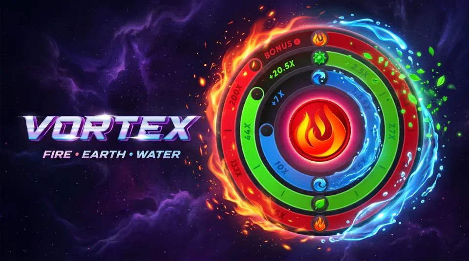 Vortex by Turbo Games featuring three concentric multiplier rings for Fire, Earth and Water with the original purple Vortex game design.