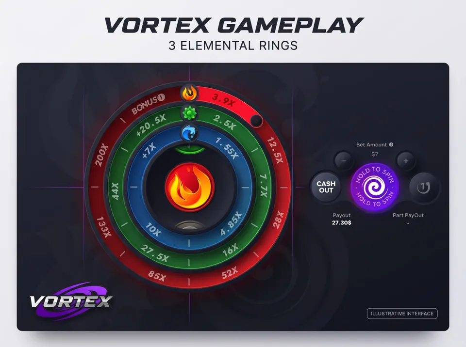 Vortex gameplay interface showing the red Fire ring, green Earth ring, blue Water ring, multiplier sections and Hold to Spin and Cash Out controls.
