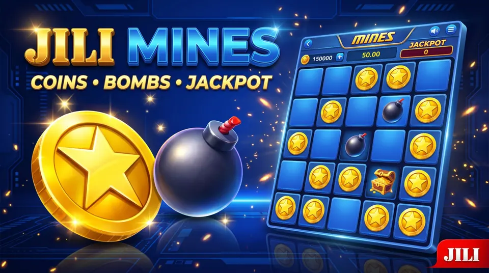 JILI Mines game illustration featuring a blue 5x5 tile grid, golden coin symbols, a black bomb, Jackpot display and original game artwork.