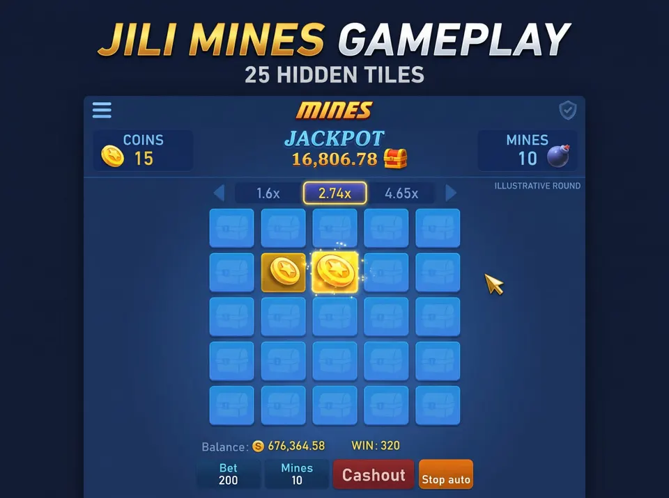 JILI Mines gameplay illustration showing a five-by-five grid with 25 tiles, two revealed golden coins, a ten-mine setting and the multiplier display.