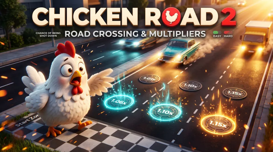 Chicken Road 2 game illustration featuring the original white chicken character, highway traffic, cars and step-by-step multiplier markers.