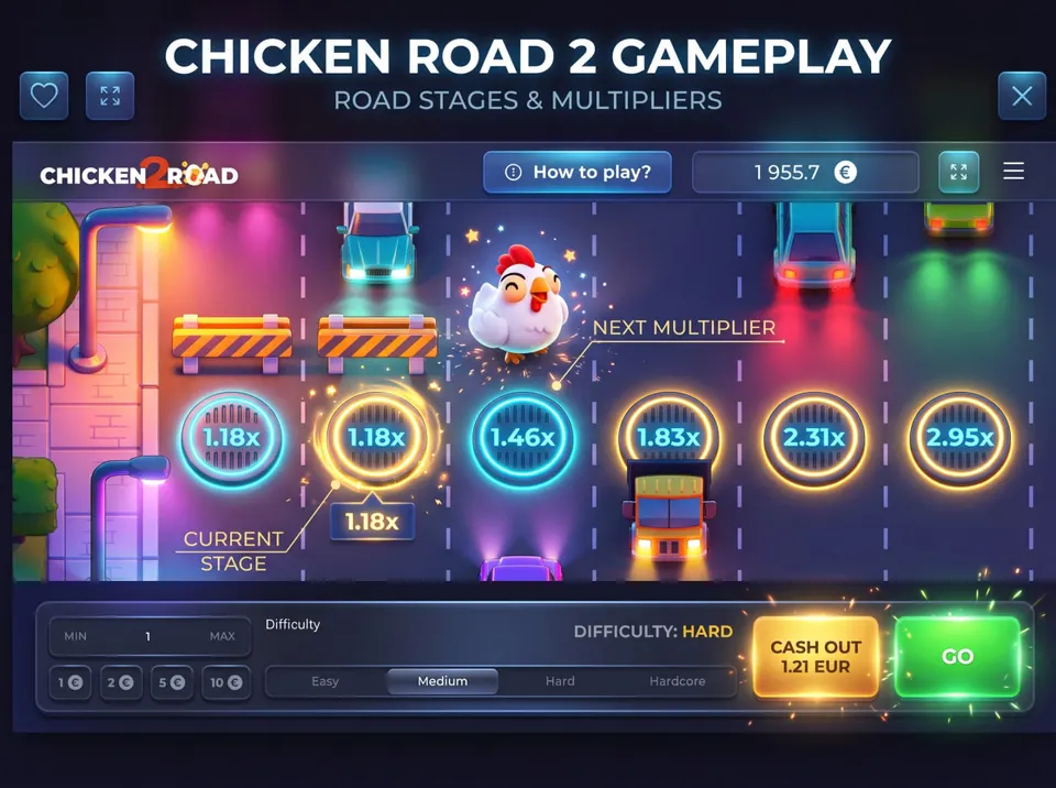 Chicken Road 2 gameplay illustration showing a white chicken crossing traffic lanes with road multipliers, moving cars, Go and Cash Out controls.