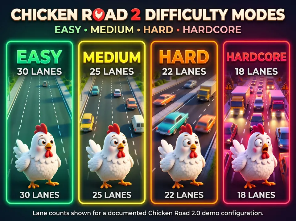 Chicken Road 2 difficulty comparison showing Easy with 30 lanes, Medium with 25, Hard with 22 and Hardcore with 18 in a documented game version.