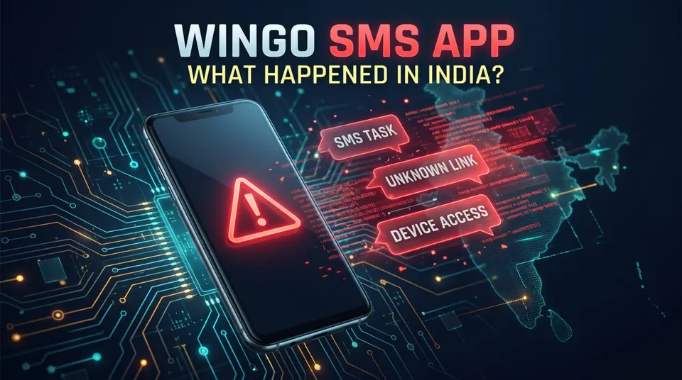 Editorial illustration of the Wingo SMS app warning in India, showing an Android phone, suspicious SMS messages and a cybersecurity alert.
