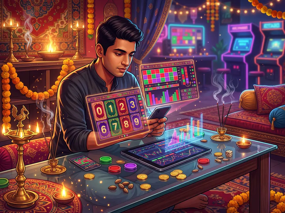 Illustration of a person studying a colourful Wingo-style number chart and game results on a screen