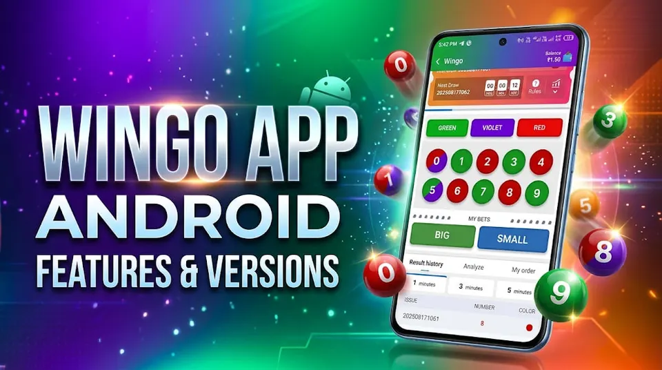 WinGo app Android interface illustration showing colour buttons, numbers 0 to 9, Big Small options, countdown timer and result history.