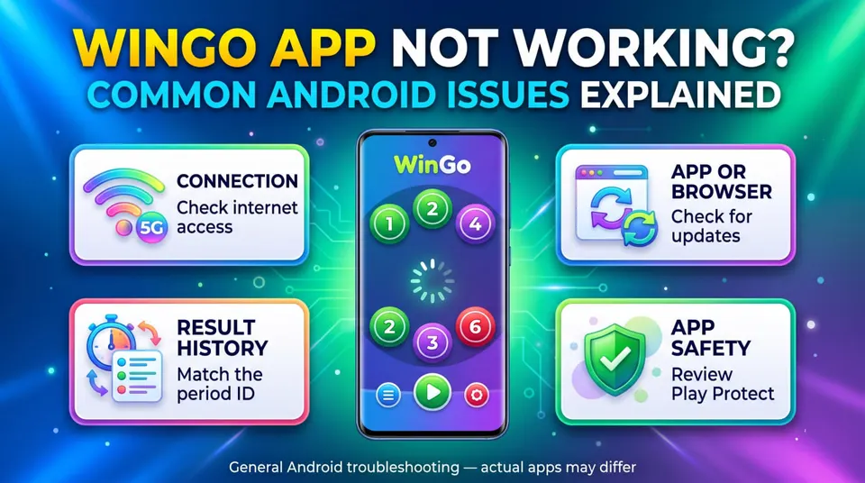 Android troubleshooting infographic for WinGo app loading problems, internet connection, browser updates, missing results and Play Protect checks