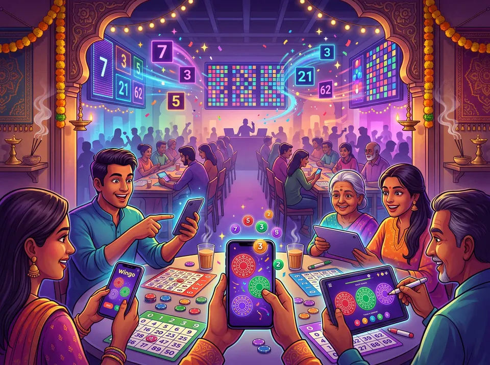 Illustration of Indian mobile game users viewing colourful Wingo-style number and result screens