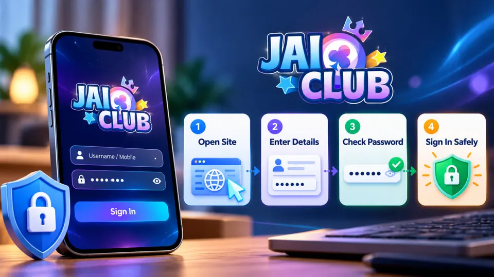 Jai Club login steps illustrated with opening the website, entering account details, checking the password, and signing in securely.
