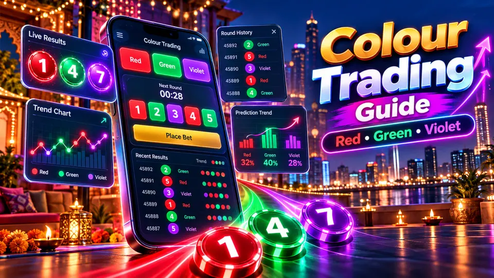 Neon colour trading guide illustration with red, green and violet result options, a mobile game interface and round history charts.